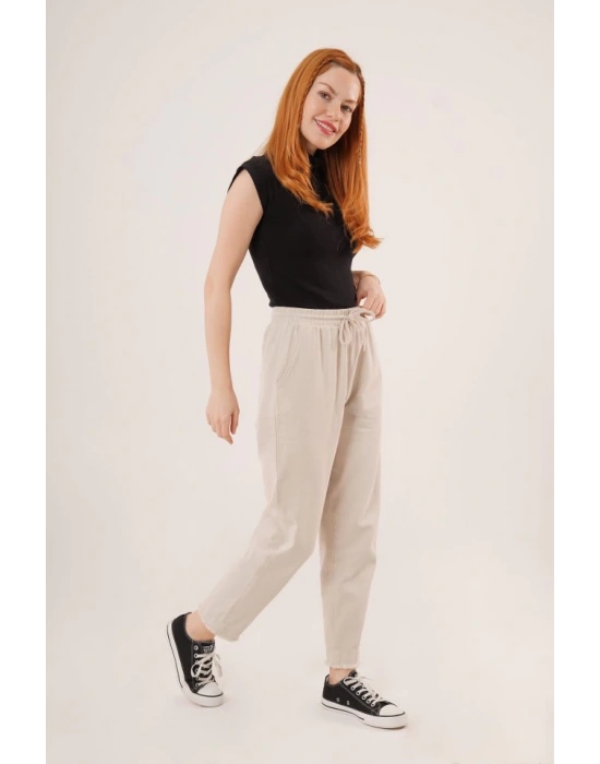 Cepli Belden Bağlamalı Paça Detaylı Krem Pantolon