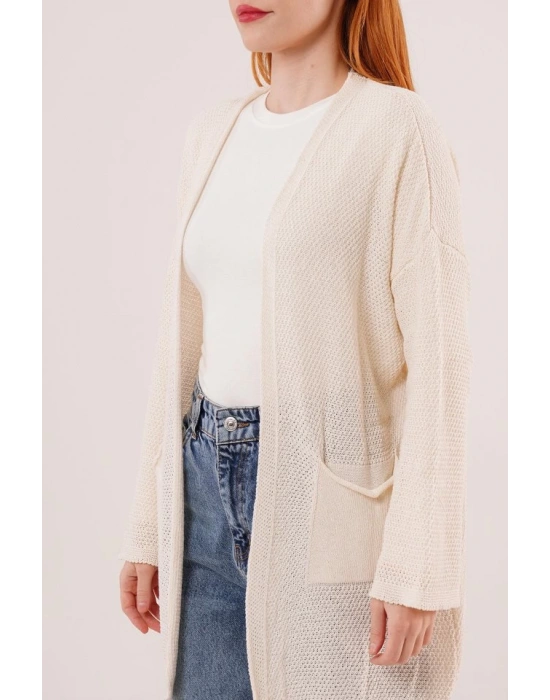 Cepli Salaş Model Triko Uzun Krem Hırka