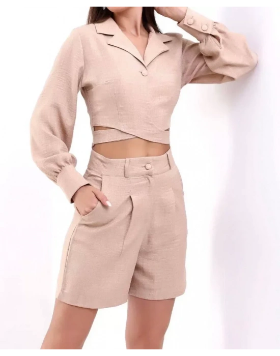 Cepli Şort Ve Crop Takım  Bej