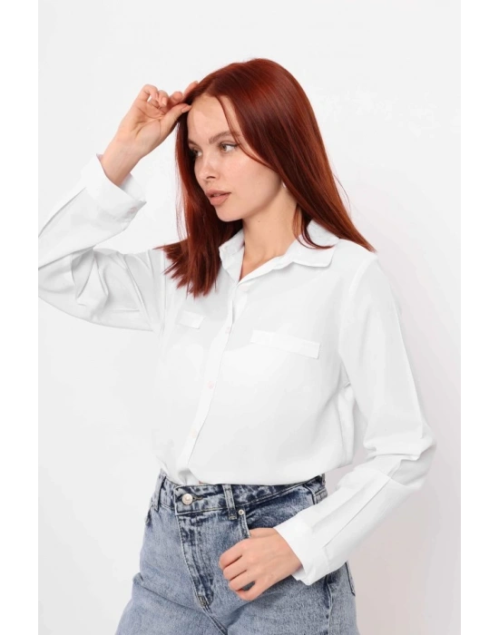 Cepli Uzun Kol Gömlek  Beyaz
