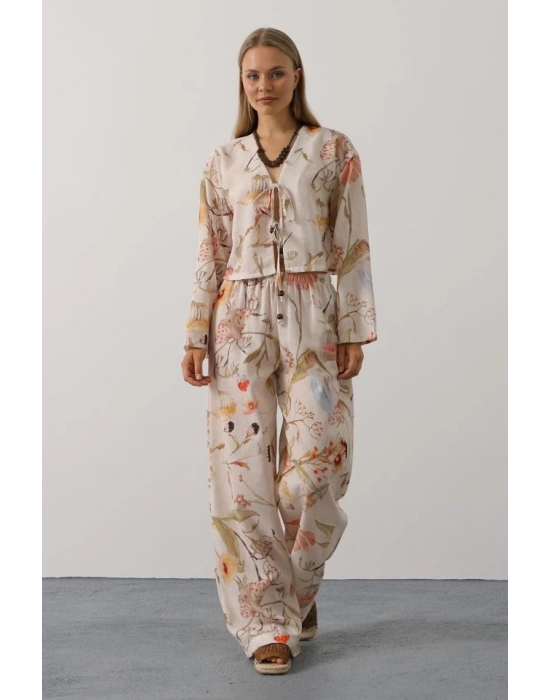 Çiçek Desen Önü Bağlamalı Pantolon Takım  Taş