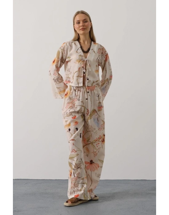 Çiçek Desen Önü Bağlamalı Pantolon Takım  Taş
