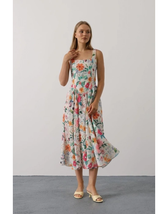 Çiçek Desenli Askılı Elbise  Pembe Çiçek