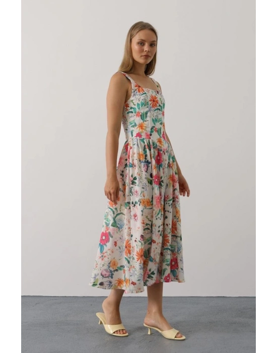 Çiçek Desenli Askılı Elbise  Pembe Çiçek