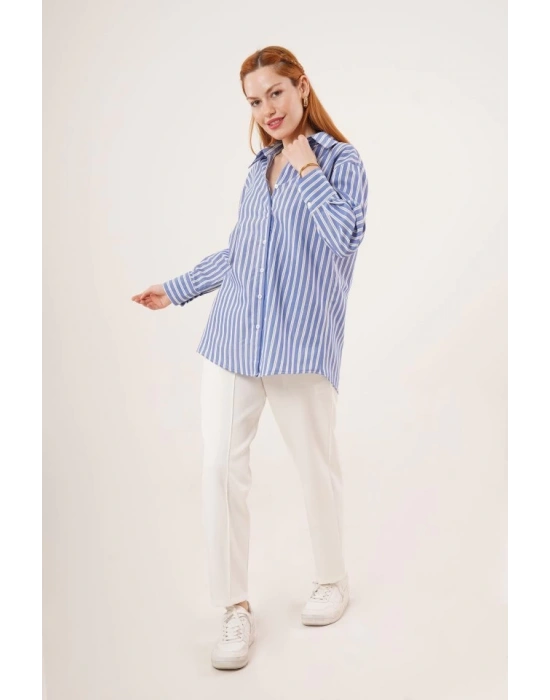 Çift Çizgi Geçişli Düğmeli avi Gömlek