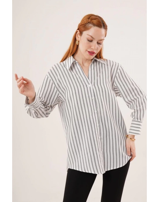 Çift Çizgi Geçişli Düğmeli Gri Gömlek