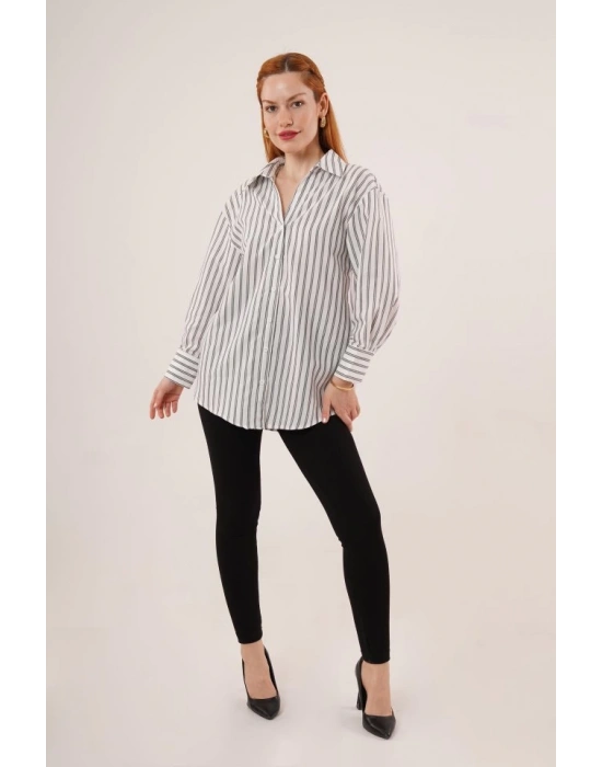 Çift Çizgi Geçişli Düğmeli Gri Gömlek