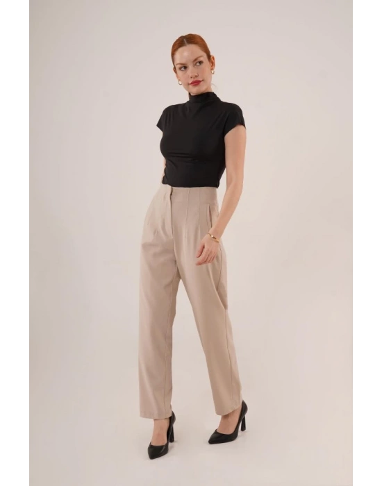 Çift Pens Detaylı Krem Pantolon