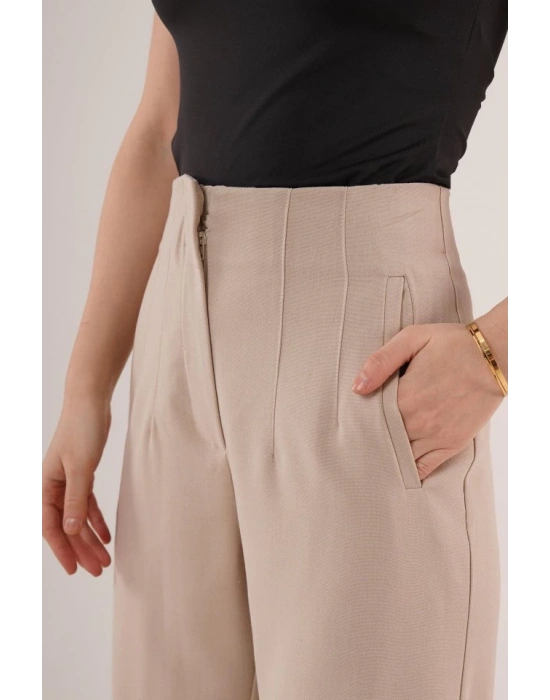 Çift Pens Detaylı Krem Pantolon