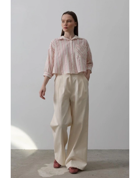 Çift Pileli Palazzo Pantolon  Natür