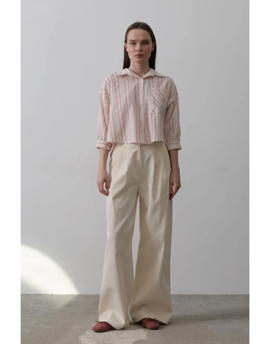 Çift Pileli Palazzo Pantolon  Natür