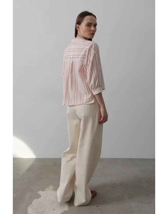 Çift Pileli Palazzo Pantolon  Natür