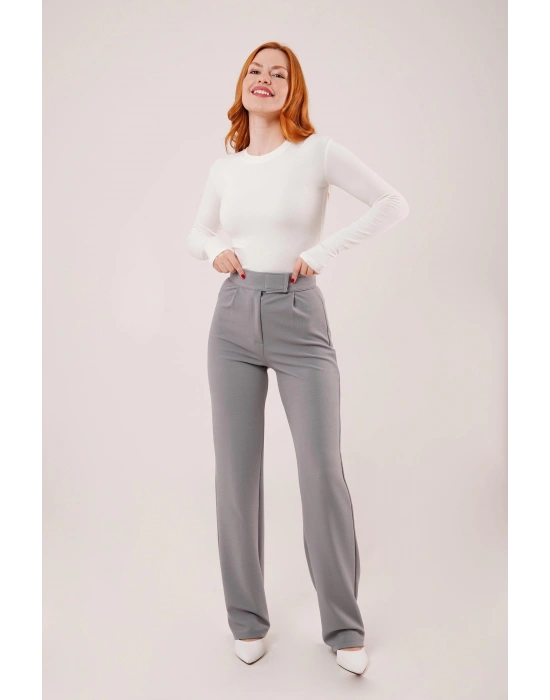 Cırt Kapama Detaylı Gri Pantolon