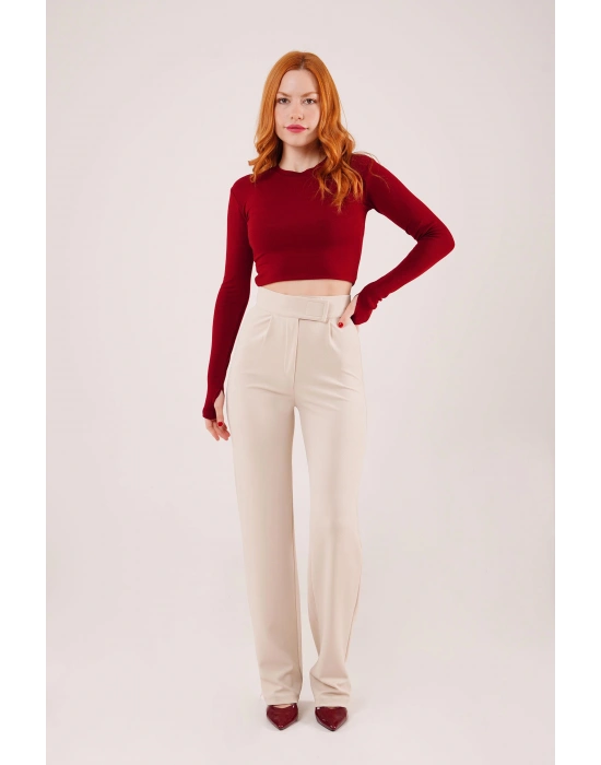 Cırt Kapama Detaylı Krem Pantolon