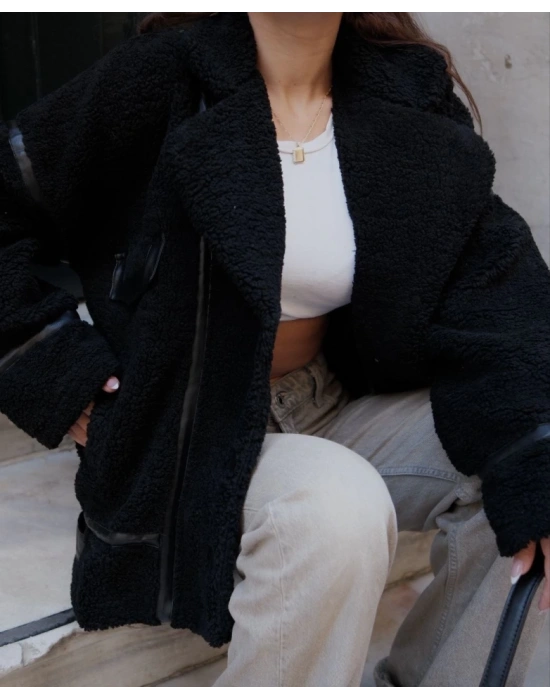 Cıt Cıt Detaylı Peluş Mont Ceket  iyah