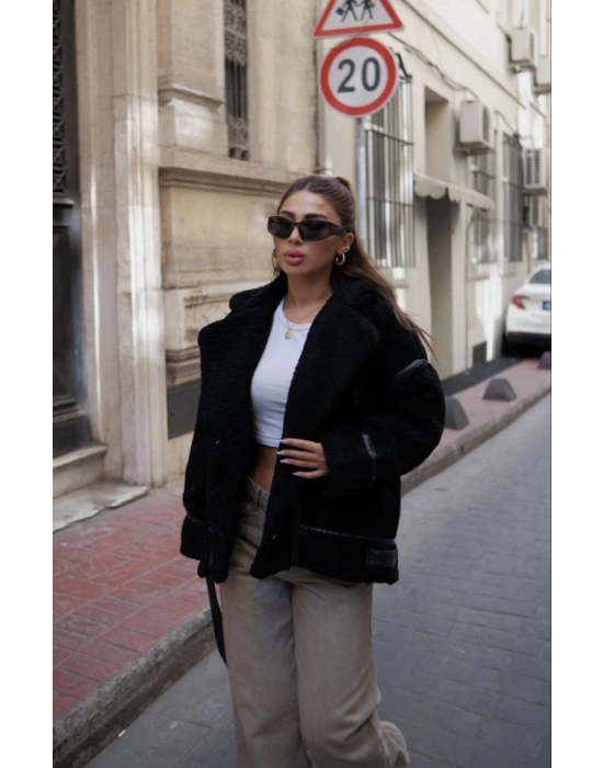 Cıt Cıt Detaylı Peluş Mont Ceket  iyah