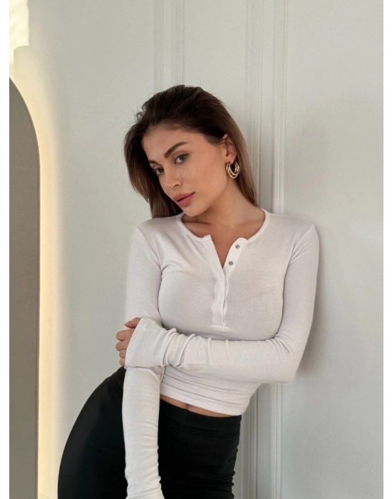 Cıt Cıt Detaylı Uzun Kollu Crop  Beyaz