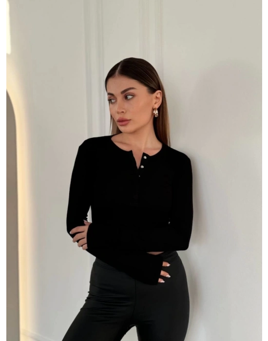 Cıt Cıt Detaylı Uzun Kollu Crop  iyah