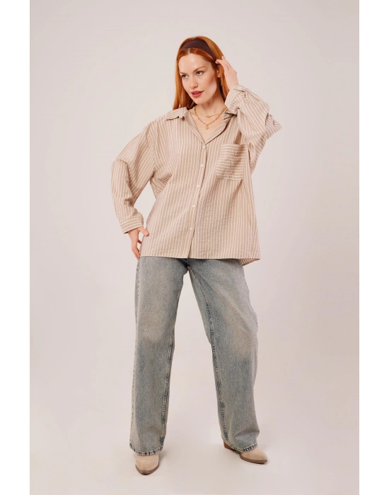 Çizgi Detaylı Cepli Camel Gömlek