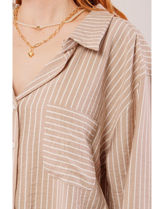 Çizgi Detaylı Cepli Camel Gömlek