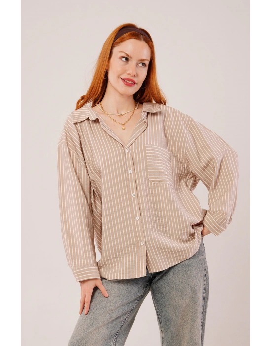 Çizgi Detaylı Cepli Camel Gömlek