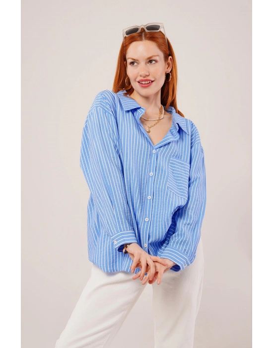 Çizgi Detaylı Cepli Mavi Gömlek