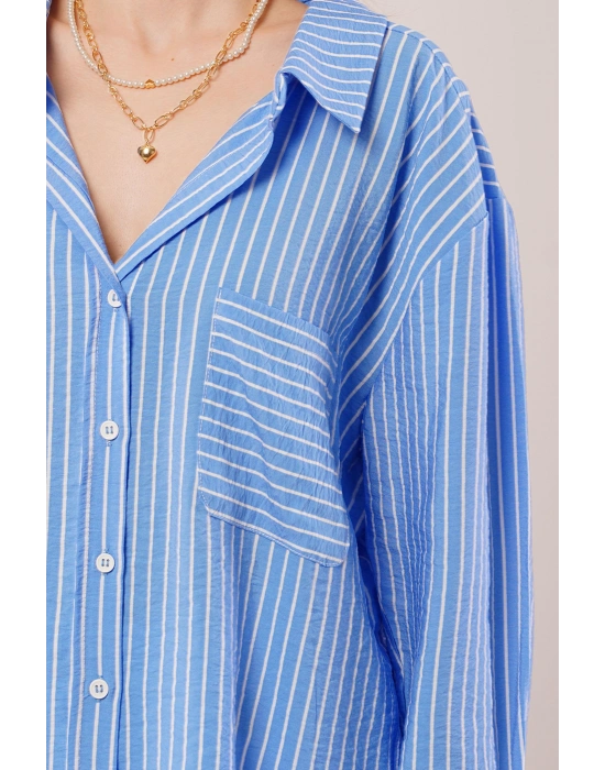 Çizgi Detaylı Cepli Mavi Gömlek