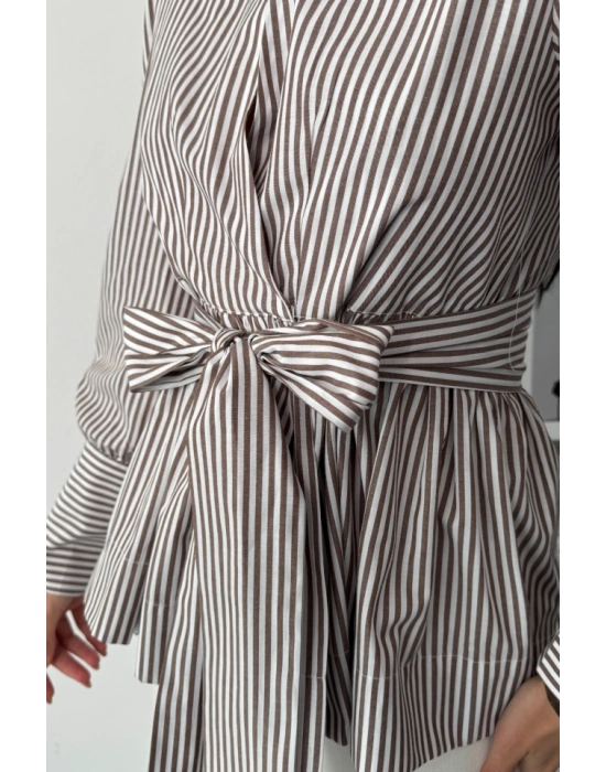 ÇİZGİLİ BAĞLAA DETAYLI KRUVAZE POPLİN GÖLEK  Kahverengi