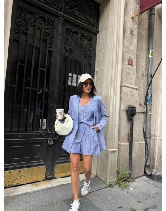 ÇİZGİİ KETEN CEKET YEEK ŞORT TK  Mavi