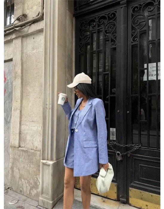 ÇİZGİİ KETEN CEKET YEEK ŞORT TK  Mavi