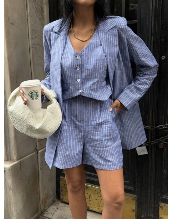 ÇİZGİİ KETEN CEKET YEEK ŞORT TK  Mavi