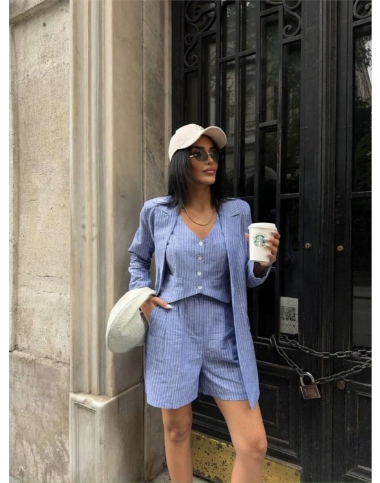 ÇİZGİİ KETEN CEKET YEEK ŞORT TK  Mavi