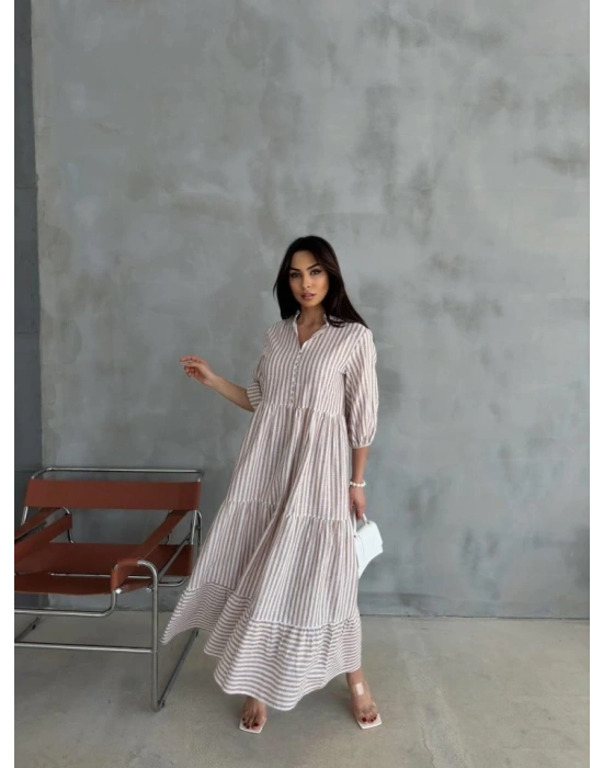 ÇİZGİİ KETEN HAKİ YAKA DÜĞEİ AAŞ EBİE  Kahverengi