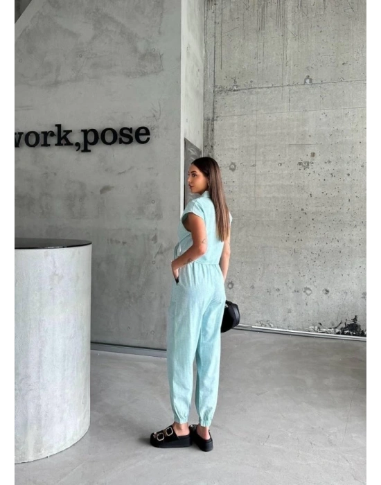 ÇİZGİİ KETEN KOUZ CROP PANTOON TAKI  Yeşil