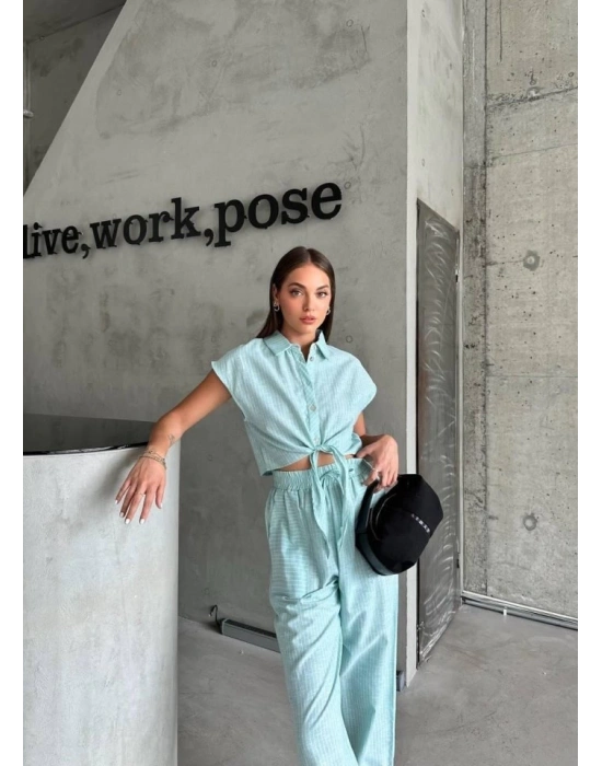 ÇİZGİİ KETEN KOUZ CROP PANTOON TAKI  Yeşil