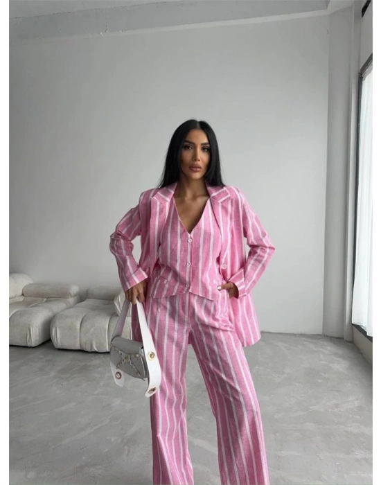 ÇİZGİLİ KETEN YELEKPANTOLON TAKIM  Pembe