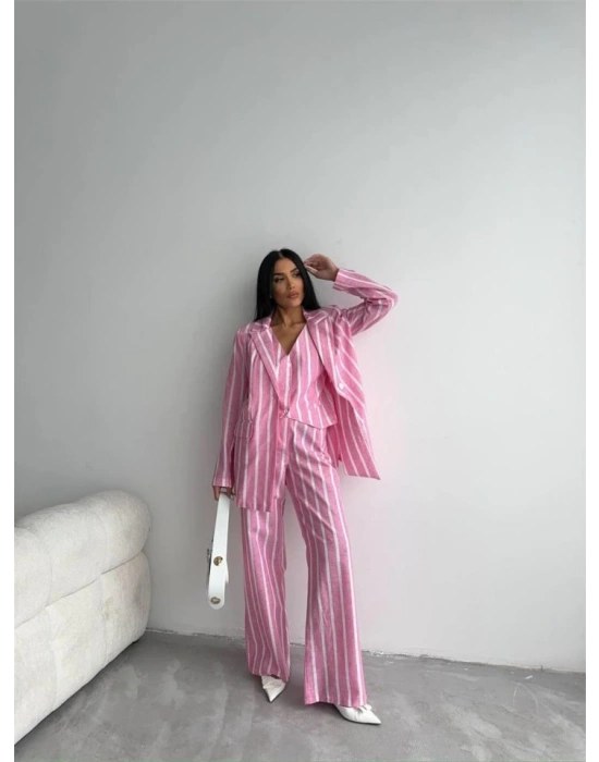 ÇİZGİLİ KETEN YELEKPANTOLON TAKIM  Pembe