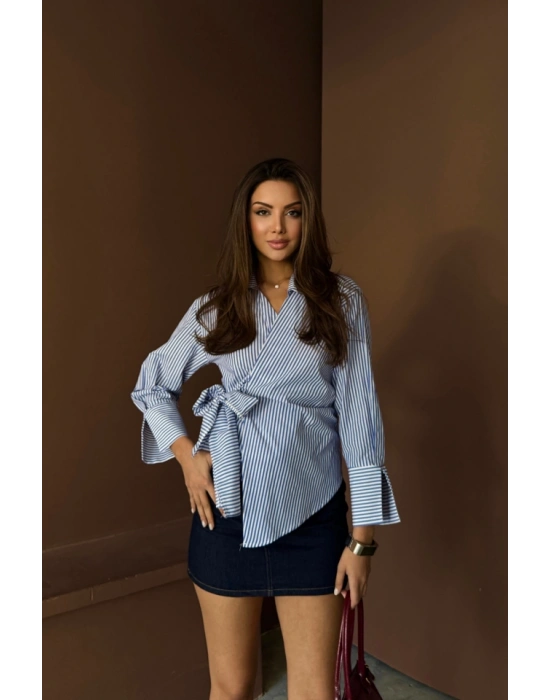 ÇİZGİLİ POPLİN KRUVAZE BAĞLAMALI GÖMLEK  Mavi