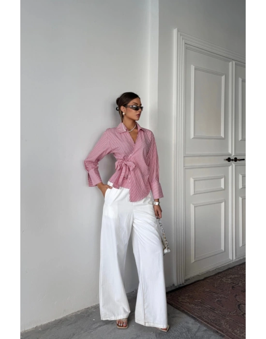 ÇİZGİLİ POPLİN KRUVAZE BAĞLAMALI GÖMLEK  Kırmızı