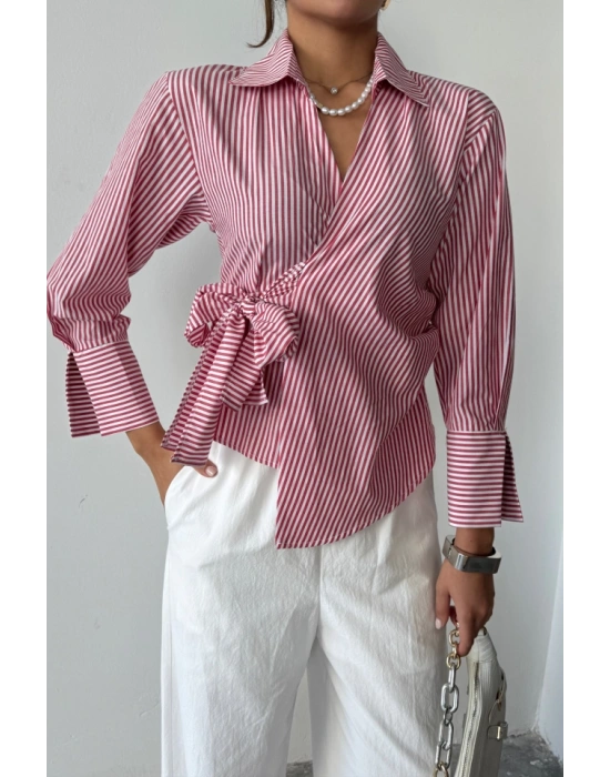 ÇİZGİLİ POPLİN KRUVAZE BAĞLAMALI GÖMLEK  Kırmızı