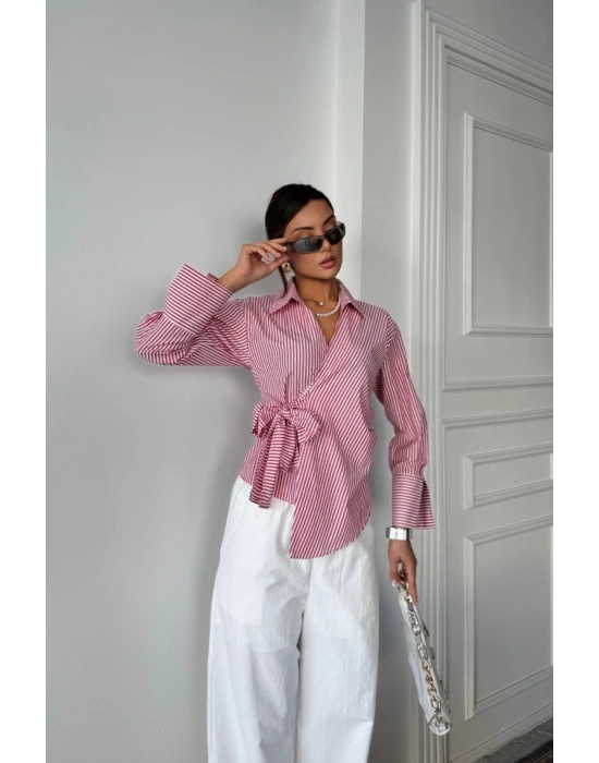 ÇİZGİLİ POPLİN KRUVAZE BAĞLAMALI GÖMLEK  Kırmızı