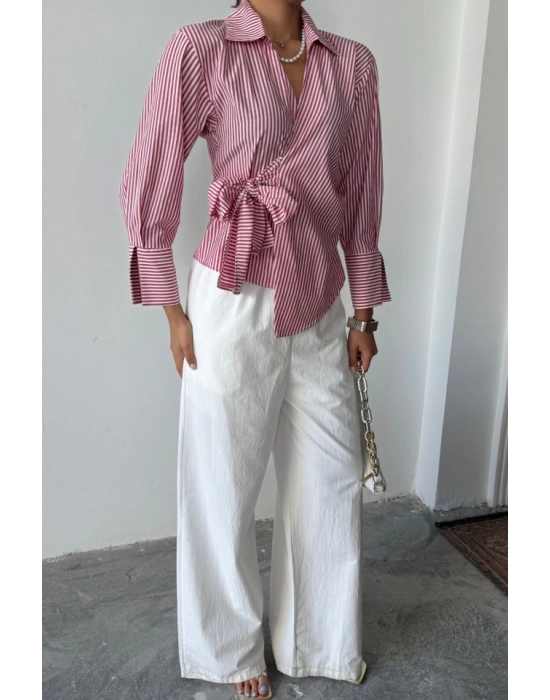 ÇİZGİLİ POPLİN KRUVAZE BAĞLAMALI GÖMLEK  Kırmızı