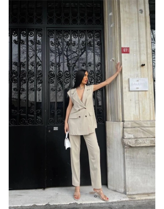 ÇİZGİİ UZUN YEEK  PANTOON TAKI POVİCON  Bej