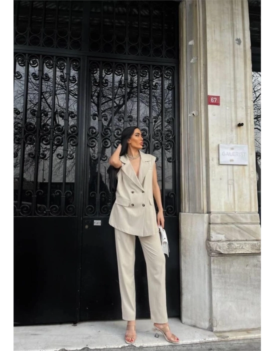 ÇİZGİİ UZUN YEEK  PANTOON TAKI POVİCON  Bej