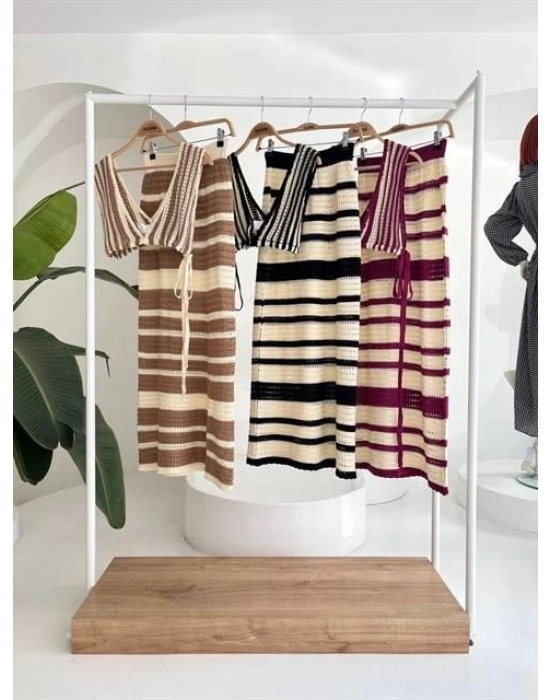 Çizgili Bikini Üst Ve Etek Triko Takım 10110