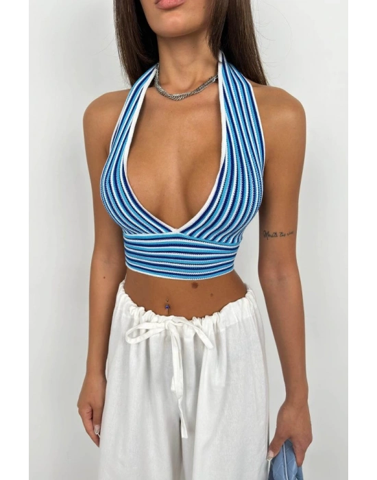 Çizgili Boyun Bağlamalı Crop