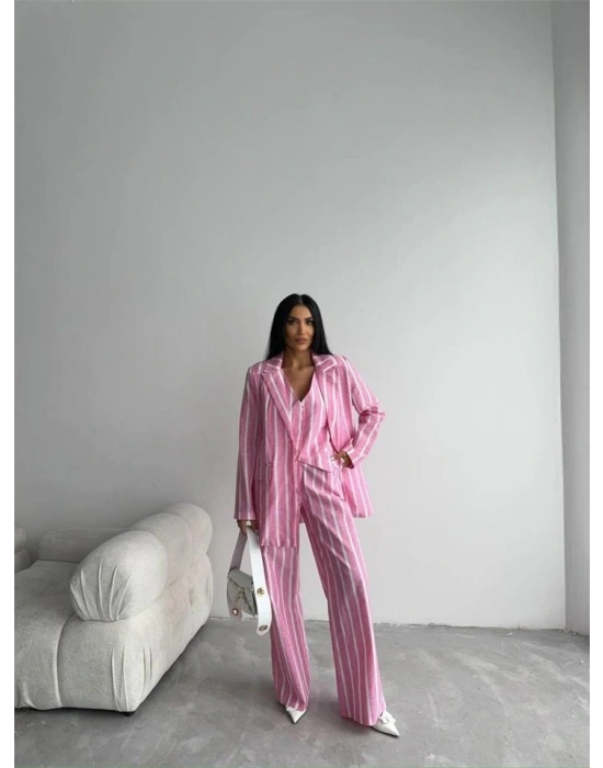 ÇİZGİLİ CEKET KETEN  Pembe