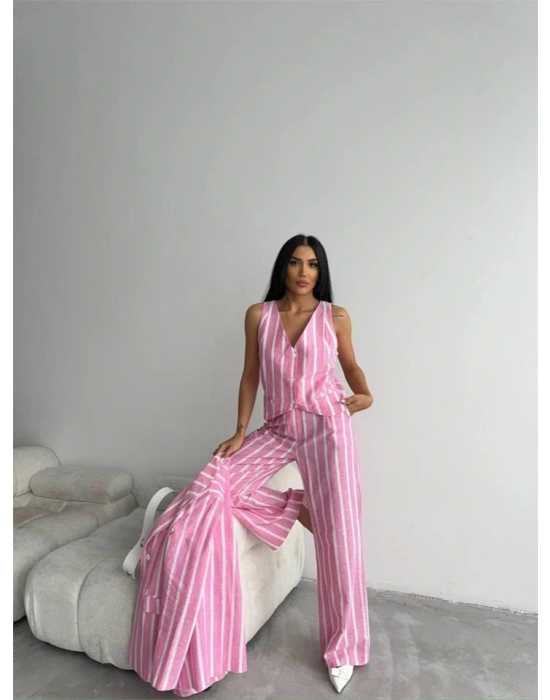 ÇİZGİLİ CEKET KETEN  Pembe