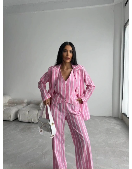 ÇİZGİLİ CEKET KETEN  Pembe