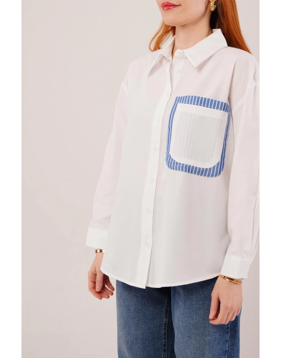 Çizgili Cep Detaylı Beyaz Gömlek